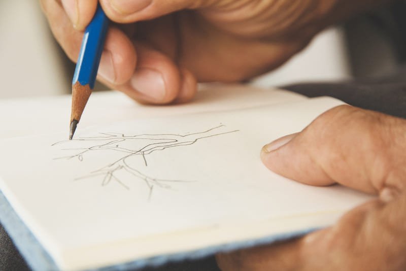 Close-up de mão de artista desenhando no sketchbook