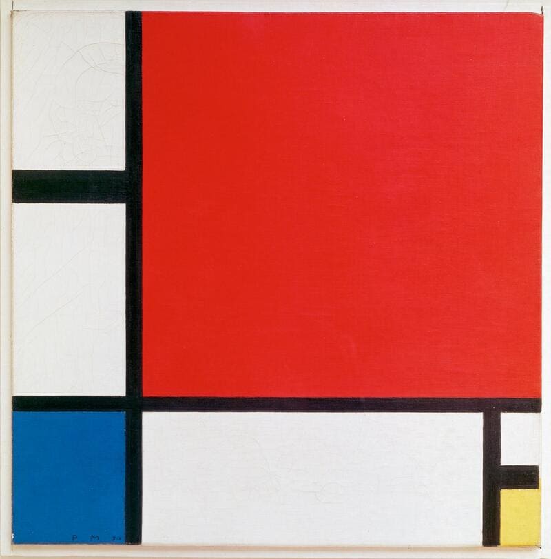 Pintura Composição VII em Vermelho, Azul e Amarelo, de Piet Mondrian (1930)