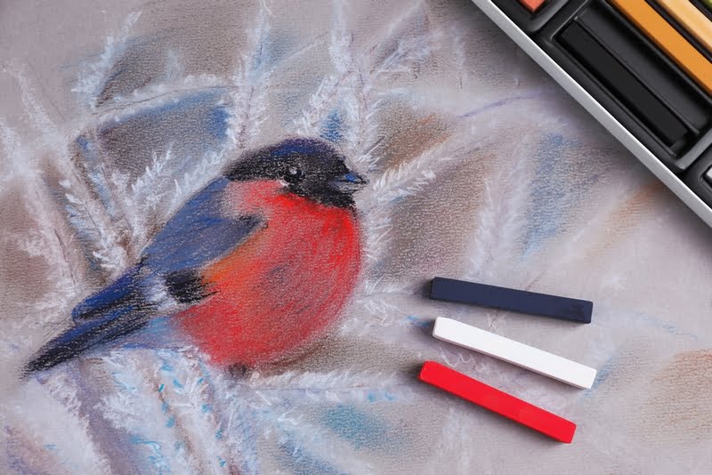 Desenho de pássaro feito em giz pastel azul, vermelho e branco