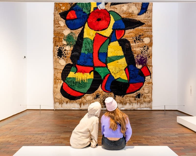 Jovens em museu olhando obra de Joan Miró