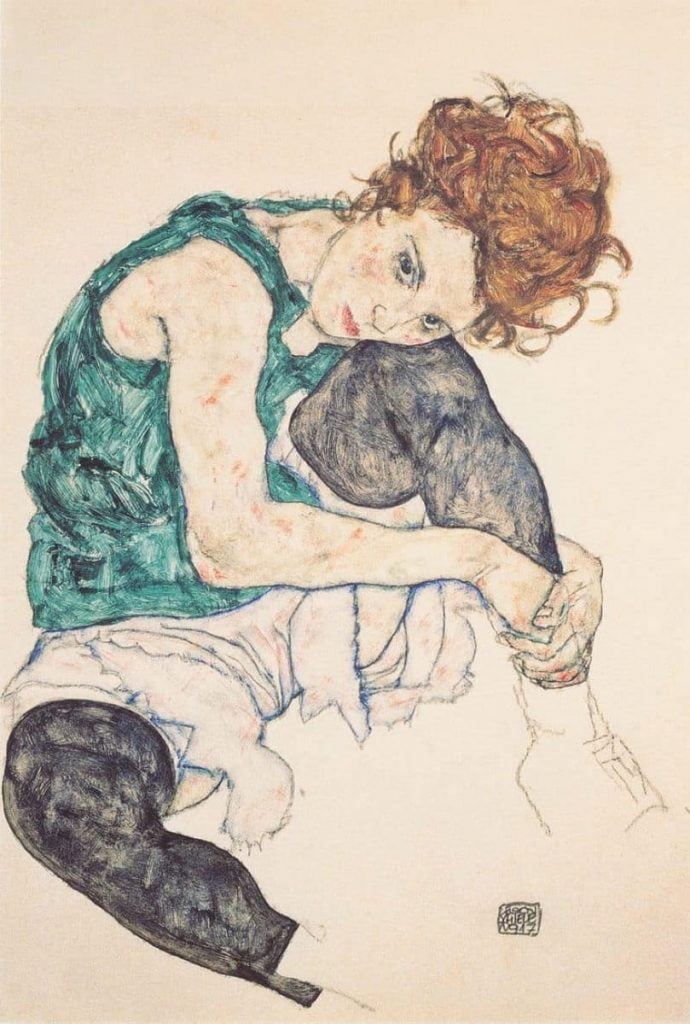 Pintura de Egon Leo Adolf Schiele - Mulher sentada com a perna esquerda dobrada