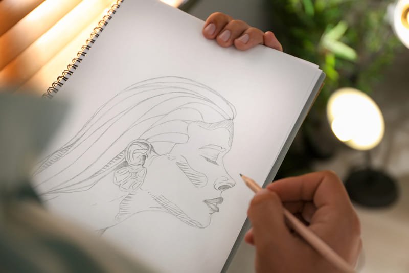 Pessoa segurando lápis e um sketchbook com um desenho de rosto feminino