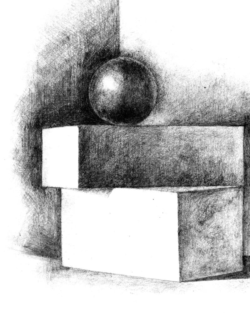 Esfera e retângulos desenhados usando a técnica do chiaroscuro