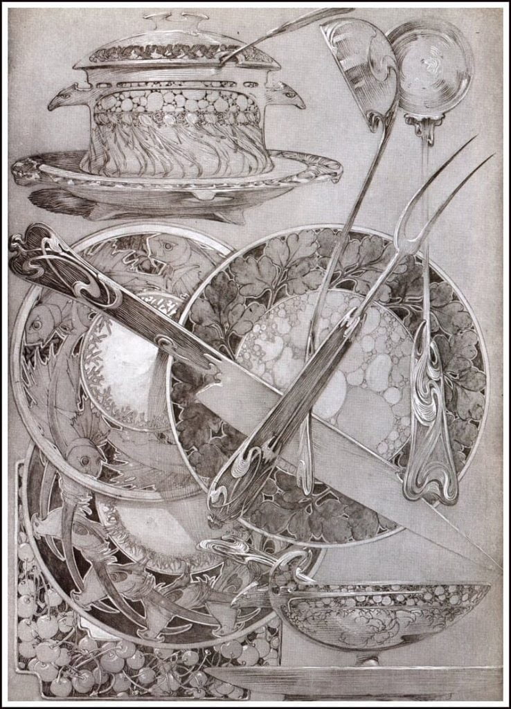 Gravura de utensílios de Alphonse Mucha, 1901